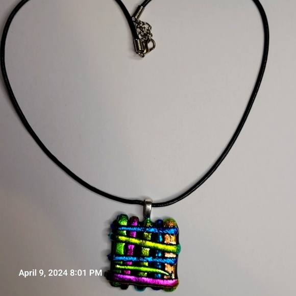 VINTAGE 90'S, multicolor, abstract fused glass charm w/18" leather cord. OS. - Picture 2 of 4
